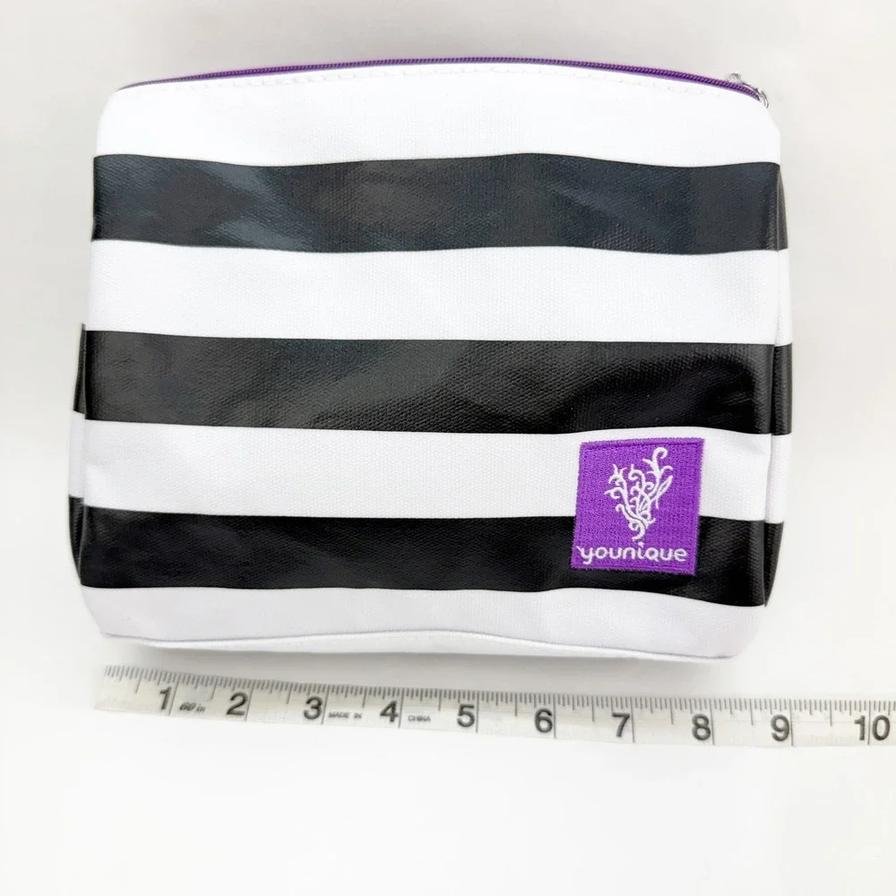 Younique Makeup Bag Black White Striped Cosmetic Pouch Purple Satin Lining 9x6.5